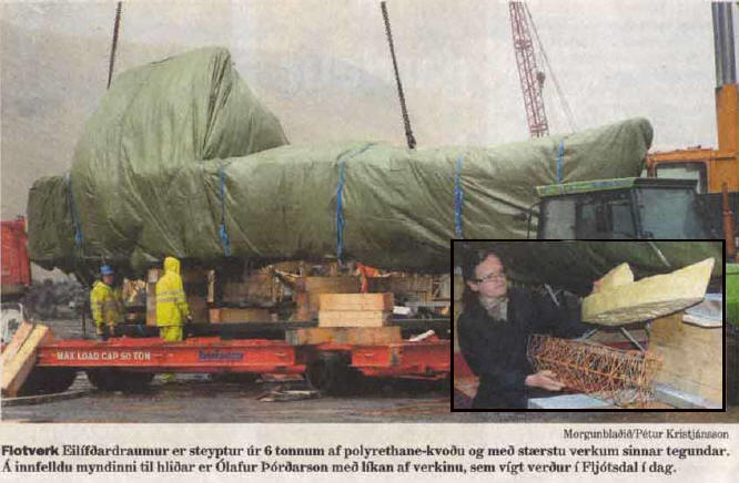 Morgunblai article, sept 2008. Preparation for moving the massive sculpture over the mountain pass.